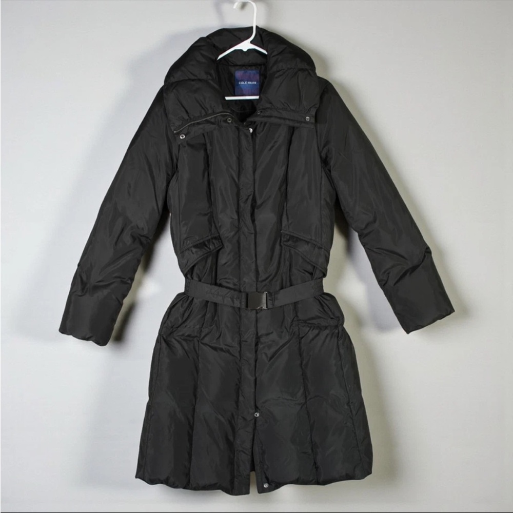 Cole Haan Box Quilted Shawl Collar Down Jacket Womens M Black Silver Tone Belt